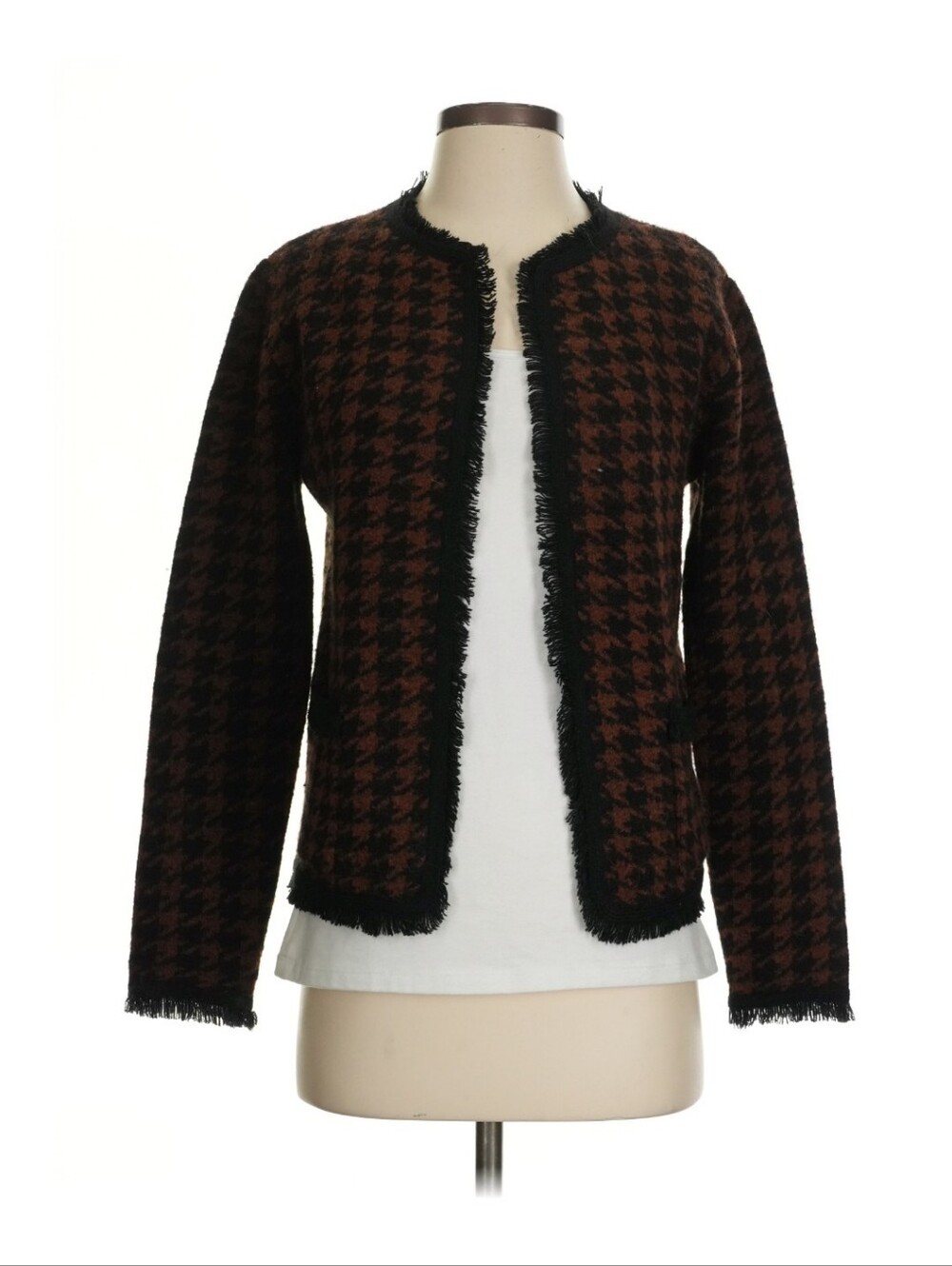 Max Studio London Houndstooth Fringe Jacket, Black Brown XS